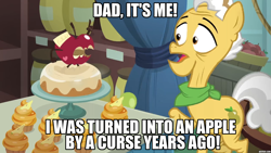 Size: 1280x720 | Tagged: safe, edit, edited screencap, screencap, grand pear, pear butter, earth pony, living apple, pony, g4, the big mac question, apple, caption, cupcake, food, image macro, implied pear butter, male, pear cupcake, stallion, text