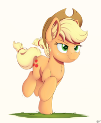 Size: 3200x3900 | Tagged: safe, artist:arcane-thunder, applejack, earth pony, pony, g4, applejack's hat, cheek fluff, chest fluff, cowboy hat, ear fluff, female, grass, hat, high res, mare, running, simple background, solo, stetson