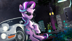 Size: 3840x2160 | Tagged: safe, artist:whiteskyline, starlight glimmer, g4, 3d, city, cityscape, glasses, high res, light, looking at you, night, phone, road, signature, source filmmaker, toyota, toyota 2000gt, tree