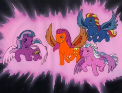 Size: 1010x772 | Tagged: safe, screencap, brightglow, dazzleglow, happyglow, starglow, alicorn, pegasus, pony, g1, my little pony tales, up up and away (episode), animation cel, female, flying, mare