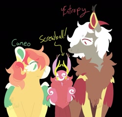 Size: 1280x1231 | Tagged: safe, artist:lepiswerid, screwball, oc, oc:cameo (lepiswerid), oc:entropy (lepiswerid), draconequus, hybrid, pegasus, pony, g4, antlers, black background, ear fluff, eye clipping through hair, female, green eyes, half-siblings, horns, interspecies, interspecies offspring, lineless, magical gay spawn, male, marsverse, next generation, offspring, parent:big macintosh, parent:discord, parent:fluttershy, parents:discomac, parents:discoshy, parents:fluttermac, red eyes, redesign, siblings, simple background, smiling, worried, yellow eyes