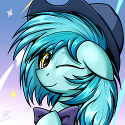 Size: 1000x1000 | Tagged: safe, artist:ktk's sky, oc, oc only, earth pony, pony, blinking, bow, close-up, hat, headphones, solo