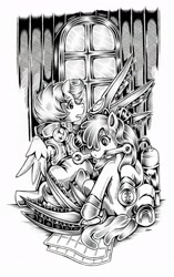 Size: 1280x2038 | Tagged: safe, artist:jennobasilicum, apple bloom, scootaloo, earth pony, pony, g4, artificial wings, augmented, mechanical wing, monochrome, mouth hold, traditional art, wings, wrench