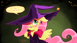 Size: 3840x2160 | Tagged: safe, artist:jomok0, fluttershy, pegasus, pony, g4, best pony, cloak, clothes, hat, high res, simple background, spooky, wings, witch hat