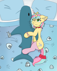 Size: 2030x2520 | Tagged: safe, artist:nekoshanka, oc, oc only, oc:little meteor, pony, unicorn, bed, clothes, commission, cute, female, high res, plushie, socks, solo, ych result