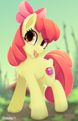 Size: 2200x3400 | Tagged: safe, alternate version, artist:rivin177, apple bloom, earth pony, pony, g4, :p, adorabloom, blurry background, bow, cute, eye clipping through hair, female, filly, hair bow, high res, looking at you, solo, tongue out