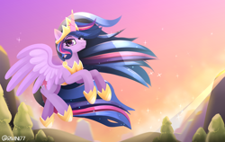 Size: 3800x2400 | Tagged: safe, alternate version, artist:rivin177, twilight sparkle, alicorn, pony, g4, the last problem, crown, cute, eye clipping through hair, female, flying, high res, hoof shoes, jewelry, looking at you, mare, older, older twilight, older twilight sparkle (alicorn), princess twilight 2.0, regalia, sky, smiling, solo, spread wings, twiabetes, twilight sparkle (alicorn), wings