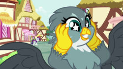 Size: 1920x1080 | Tagged: safe, screencap, gabby, rarity, griffon, pony, unicorn, dragon dropped, g4, bubbly, claws, cute, excited, female, flying, gabbybetes, grin, imminent crash, mare, ponyville, smiling, spread wings, starry eyes, talons, turquiose eyes, unaware, walking, wingding eyes