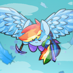 Size: 474x474 | Tagged: safe, artist:temmie_kun, rainbow dash, pony, puffball, g4, blush sticker, blushing, crossover, eye clipping through hair, eyes closed, feather, female, flying, kirby, kirby (series), kirby dash, kirbyfied, pickaxe, smiling, solo, spread wings, sword, weapon, wings
