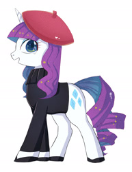 Size: 1706x2209 | Tagged: safe, artist:hosikawa, rarity, pony, unicorn, g4, alternate hairstyle, beatnik rarity, beret, clothes, cute, female, hat, mare, open mouth, profile, raribetes, simple background, solo, sweater, white background