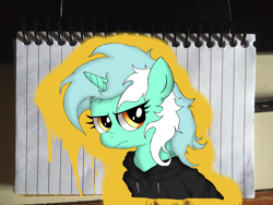 Size: 2048x1536 | Tagged: safe, artist:background basset, lyra heartstrings, pony, unicorn, fanfic:background pony, g4, clothes, dig the swell hoodie, emo lyra, female, hoodie, notebook, solo