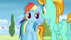 Size: 1280x720 | Tagged: safe, screencap, lightning dust, rainbow dash, spitfire, pegasus, pony, g4, wonderbolts academy, butt, cute, dashabetes, duo focus, dustabetes, female, folded wings, introduction, looking at each other, magenta eyes, mare, multicolored mane, multicolored tail, obscured face, orange eyes, plot, smiling