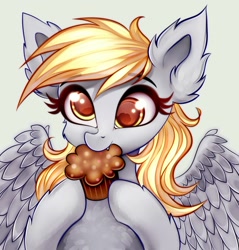 Size: 1280x1339 | Tagged: safe, artist:mite-lime, derpy hooves, pegasus, pony, g4, bust, cheek fluff, cute, cute little fangs, derpabetes, ear fluff, eating, fangs, female, food, leg fluff, mare, muffin, portrait, simple background, solo