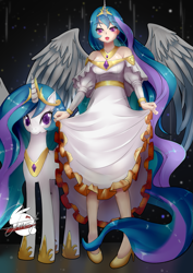 Size: 719x1017 | Tagged: safe, artist:johnsonist, princess celestia, alicorn, human, pony, g4, alicorn humanization, bare shoulders, blushing, clothes, crown, curtsey, cute, cutelestia, dress, ear piercing, earring, female, horn, horned humanization, human ponidox, humanized, jewelry, looking at you, mare, no pupils, off shoulder, open mouth, piercing, regalia, self ponidox, winged humanization, wings
