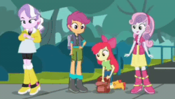 Size: 1200x676 | Tagged: safe, screencap, apple bloom, diamond tiara, scootaloo, sweetie belle, equestria girls, fomo, g4, my little pony equestria girls: better together, animated, apple bloom's bow, backpack, book, boots, bow, cellphone, clothes, cutie mark crusaders, female, gif, hair bow, jacket, jeans, jewelry, looking at something, necklace, pants, phone, shirt, shoes, shorts, skirt, smartphone, smiling, taxi, texting, tree