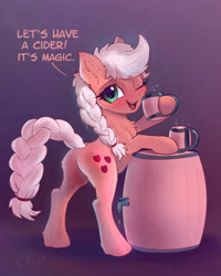 Size: 2575x3215 | Tagged: safe, artist:xbi, applejack, earth pony, pony, tabun art-battle, g4, alternate hairstyle, applebutt, barrel, bipedal, bipedal leaning, braid, braided tail, butt, butt fluff, cheek fluff, chest fluff, cider, cute, dialogue, ear fluff, female, gradient background, high res, jackabetes, keg, leaning, leg fluff, looking at you, mare, one eye closed, open mouth, plot, solo, tabun art-battle finished after, talking to viewer, wink