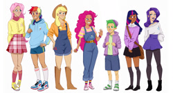 Size: 2050x1100 | Tagged: safe, artist:laescbr, applejack, fluttershy, pinkie pie, rainbow dash, rarity, spike, twilight sparkle, human, g4, alternate hairstyle, applejack's hat, bag, beanie, bedroom eyes, belt, boots, bracelet, clothes, converse, cowboy boots, cowboy hat, cute, dark skin, ear piercing, earring, elf ears, female, flats, freckles, grin, hat, hoodie, humanized, jeans, jewelry, lipstick, male, mane seven, mane six, necklace, open mouth, overalls, pants, piercing, shirt, shoes, shorts, simple background, skirt, smiling, sneakers, socks, sports shorts, stockings, striped socks, sweater, sweatershy, t-shirt, thigh highs, vest, white background, wristband