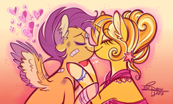 Size: 2893x1742 | Tagged: safe, artist:snowballflo, gilded lily, scootaloo, pegasus, pony, unicorn, g4, alternate hairstyle, bandage, bandaid, boop, bracelet, clothes, cute, cutealoo, dress, eyeshadow, female, floating heart, heart, hug, jewelry, kissing, lesbian, makeup, mare, markings, noseboop, older, older scootaloo, redesign, scar, scootalily, scootalove, shipping