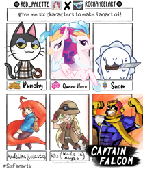 Size: 950x1135 | Tagged: safe, artist:redpalette, artist:rockangelart, queen novo, hippogriff, seapony (g4), g4, my little pony: the movie, animal crossing, captain falcon, celeste, clothes, collaboration, crossover, cute, f-zero, female, gloves, grin, helmet, knife, madeline, male, mining helmet, mouth hold, pokemon sword and shield, pokémon, six fanarts, smiling, snom