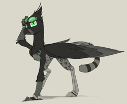 Size: 1400x1150 | Tagged: safe, artist:sinrar, oc, oc only, oc:will, griffon, beak, commission, concave belly, goggles, green eyes, griffon oc, large wings, leg fluff, neck fluff, one wing out, partially open wings, prosthetics, quadrupedal, sierra nevada, simple background, slender, slit pupils, solo, standing, tan background, thin, wings