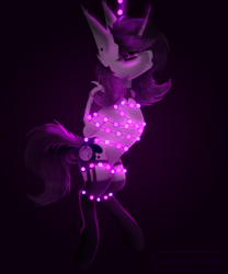 Size: 800x960 | Tagged: safe, artist:elektra-gertly, oc, oc only, oc:shady nite, alicorn, pony, vampire, abstract background, accessory, alicorn oc, arm behind back, bondage, female, garland, horn, new year, piercing, simple background, solo, stockings, suspended, thigh highs, tied up, wing fluff, wings