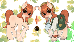 Size: 1000x567 | Tagged: safe, artist:yasuokakitsune, oc, oc only, pony, adoptable, advertisement, carrot, clothes, dirty, food, freckles, hat, overalls, patch, red hair, reference sheet, shirt, solo