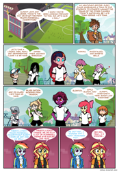 Size: 796x1144 | Tagged: safe, artist:crydius, apple bloom, applejack, rainbow dash, scootaloo, silver spoon, sunset shimmer, sweetie belle, oc, oc:eldritch, oc:gamma, comic:the first year's dodgeball competition, equestria girls, g4, blushing, chara, comic, corpse party, crossover, cutie mark crusaders, dipper pines, female, gravity falls, implied shipping, lesbian, looking away, magical lesbian spawn, male, mordred pendragon, offspring, overwatch, parent:oc:crydius, parent:sci-twi, parent:sunset shimmer, parent:tempest shadow, parents:canon x oc, parents:scitwishimmer, sachiko shinozaki, scientific lesbian spawn, ship:silverbelle, shipping, speech bubble, sweat, tracer, undertale, vulgar description