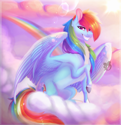 Size: 2520x2615 | Tagged: safe, artist:queendarkselis, rainbow dash, pegasus, pony, g4, chest fluff, cloud, coat markings, colored hooves, ear fluff, female, grin, high res, looking at you, mare, on a cloud, pale belly, rainbow, realistic horse legs, sitting, smiling, solo, spread wings, watermark, wings