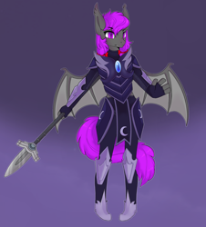 Size: 1900x2100 | Tagged: safe, artist:vert_glamis, oc, oc only, oc:nocturnal grapes, bat pony, anthro, armor, bat pony oc, bat wings, bow, clothes, fangs, female, guard, lunar guard armour, night guard, shoes, slit pupils, solo, spear, weapon, wings