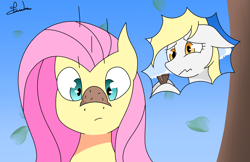 Size: 1500x969 | Tagged: safe, artist:francis-márt, derpy hooves, fluttershy, pegasus, pony, g4, accident, bust, cross-eyed, dropped ice cream, duo, female, food, ice cream, ice cream cone, ice cream on nose, looking at something, mare, outdoors