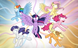 Size: 1280x800 | Tagged: safe, artist:starpaintspeed, applejack, fluttershy, pinkie pie, rainbow dash, rarity, twilight sparkle, alicorn, earth pony, pegasus, pony, unicorn, g4, female, glowing eyes, mane six, mare, twilight sparkle (alicorn)