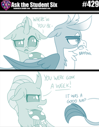 Size: 800x1033 | Tagged: safe, artist:sintakhra, gallus, ocellus, changedling, changeling, griffon, tumblr:studentsix, g4, 2 panel comic, behaving like a cat, comic, dialogue, female, looking back, male, ocellus is not amused, post-it, unamused