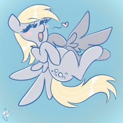 Size: 2048x2048 | Tagged: safe, artist:juulpone, derpy hooves, pegasus, pony, g4, blue background, blushing, cute, derpabetes, eyes closed, female, floating heart, heart, high res, mare, open mouth, simple background, solo, spread wings, wings