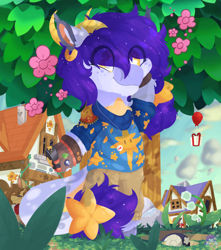 Size: 3756x4252 | Tagged: safe, artist:drawtheuniverse, oc, oc only, oc:galaxytrail, anthro, animal crossing, balloon, clothes, house, present, tree