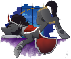 Size: 1433x1188 | Tagged: safe, artist:uliovka, king sombra, pony, unicorn, g4, armor, comic sans, face down ass up, half, lying down, male, modular, night, solo, stallion, text