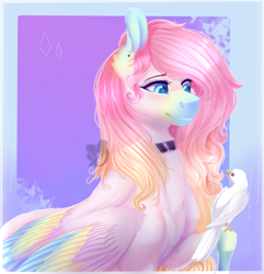 Size: 2520x2615 | Tagged: safe, artist:queendarkselis, oc, oc only, oc:luvya, bird, pegasus, pony, art trade, blue eyes, chest fluff, choker, ear fluff, female, folded wings, high res, looking at something, mare, pink hair, pink mane, smiling, solo, two toned wings, watermark, wings
