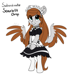 Size: 3500x3836 | Tagged: safe, artist:airfly-pony, oc, oc:scarlett drop, arm hooves, bipedal, clothes, colored wings, high res, maid, multicolored wings, stockings, thigh highs, wings