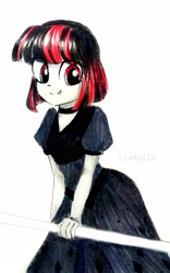 Size: 2322x3710 | Tagged: safe, artist:liaaqila, oc, oc only, oc:raven moon, human, vampire, equestria girls, g4, black dress, choker, clothes, dress, female, goth, high res, light skin, red and black, red and black mane, red eyes, simple background, solo, traditional art, white background