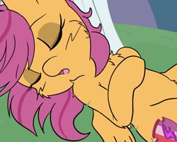 Size: 1600x1279 | Tagged: safe, artist:larrykitty, scootaloo, pegasus, pony, cute, cutealoo, cutie mark, eyes closed, female, filly, on back, open mouth, sleeping, solo, the cmc's cutie marks