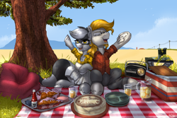 Size: 4500x3000 | Tagged: safe, artist:redvais, oc, oc only, oc:bandy cyoot, oc:jerry alton, earth pony, hybrid, pony, raccoon, raccoon pony, basket, binoculars, cake, clothes, duo, female, food, glass, glasses, ketchup, male, map, mare, pants, picnic basket, picnic blanket, power line, radio, sauce, scenery, skirt, smiling, stallion, tail, tree