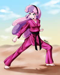 Size: 3600x4500 | Tagged: safe, artist:danmakuman, sweetie belle, human, g4, absurd resolution, barefoot, black belt, clothes, commission, feet, female, fighting stance, gi, hairband, humanized, karate, martial arts, open mouth, pants, pose, robe, sand, serious, serious face, solo, toenails, toes
