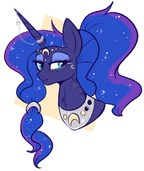 Size: 564x670 | Tagged: safe, artist:lulubell, princess luna, alicorn, pony, g4, abstract background, alternate hairstyle, bust, chest fluff, circlet, eyeshadow, female, freckles, horn, horn jewelry, jewelry, lidded eyes, looking at you, makeup, mare, peytral, ponytail, smiling, solo, wavy mouth