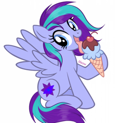 Size: 1920x2062 | Tagged: artist needed, safe, oc, oc only, oc:spectral star, pegasus, pony, commission, food, ice cream, licking, simple background, sitting, solo, tongue out, white background, ych result
