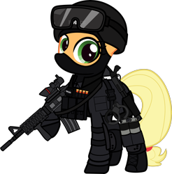 Size: 6000x6109 | Tagged: safe, alternate version, artist:n0kkun, part of a set, applejack, earth pony, pony, g4, ammunition, armor, balaclava, belt, boots, bullet, clothes, commission, cuffs, elbow pads, female, gloves, goggles, grenade, gun, helmet, knee pads, m4a1, mare, mask, pants, police, pouch, ppe, raised hoof, remington 870, shoes, shotgun, shotgun shell, simple background, smoke bomb, solo, swat, transparent background, united states, weapon