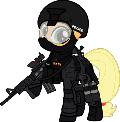 Size: 6000x6109 | Tagged: safe, alternate version, artist:n0kkun, part of a set, applejack, earth pony, pony, g4, ammunition, armor, balaclava, belt, boots, bullet, clothes, commission, cuffs, elbow pads, female, gloves, grenade, gun, helmet, knee pads, m4a1, mare, mask, pants, police, pouch, raised hoof, remington 870, shoes, shotgun, shotgun shell, simple background, smoke bomb, solo, swat, transparent background, united states, visor, weapon