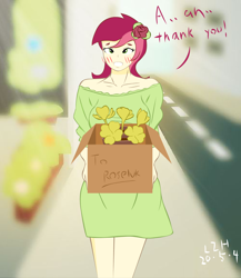 Size: 1300x1500 | Tagged: safe, artist:lzh, roseluck, equestria girls, g4, blushing, box, clothes, dress, female, flower, looking at you, road, rose, street