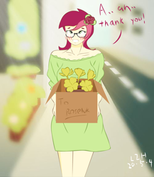 Size: 1300x1500 | Tagged: safe, alternate version, artist:lzh, roseluck, equestria girls, g4, bare shoulders, blushing, box, clothes, dress, female, flower, glasses, looking at you, road, rose, street