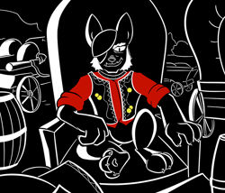 Size: 700x600 | Tagged: safe, artist:sirvalter, oc, oc only, oc:baron wolf, diamond dog, fanfic:steyblridge chronicle, barrel, black and white, chair, clothes, diamond dog oc, fanfic, fanfic art, grayscale, illustration, male, monochrome, neo noir, one eyed, outdoors, partial color, research institute, sitting, solo, test site, testing area