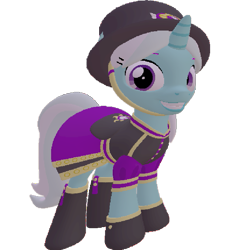 Size: 687x720 | Tagged: safe, artist:topsangtheman, cornetta, pony, unicorn, g4, 3d, clothes, grin, hat, looking at you, simple background, smiling, source filmmaker, transparent background, uniform