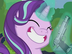 Size: 763x569 | Tagged: safe, edit, edited screencap, screencap, starlight glimmer, pony, unicorn, g4, memnagerie, my little pony: friendship is forever, cropped, cute, delet this, eyes closed, female, glimmerbetes, glowing horn, gun, handgun, horn, magic, mare, simple background, smiling, solo, telekinesis, this will end in communism, this will end in gulag, weapon